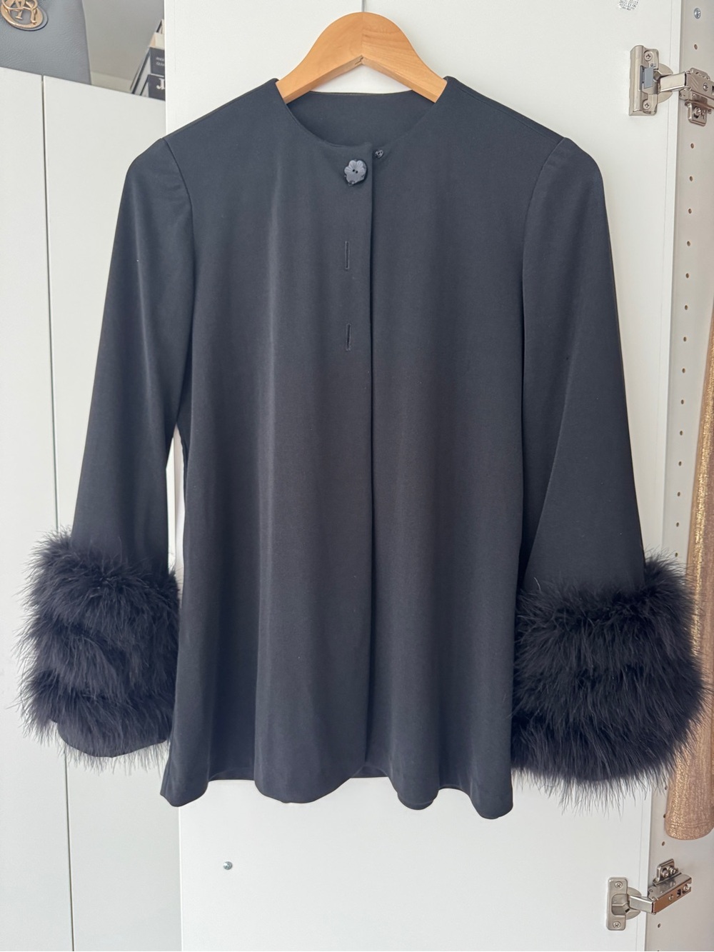 Black Jersey Jacket with Feather Cuff Vintage
